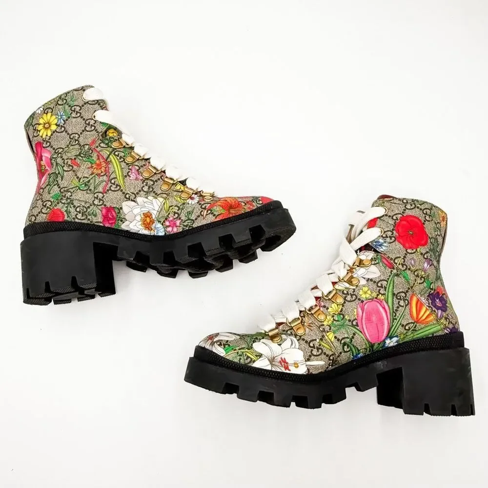 Gucci GG Monogram Supreme Floral Lace Up Combat Boot EU 39 US 9 - Picture 7 of 12